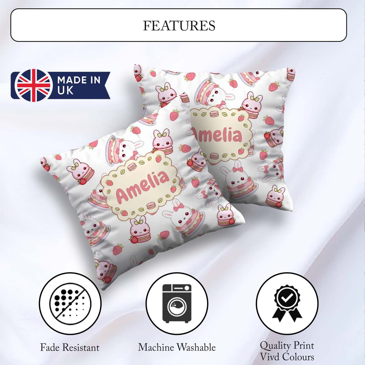 Custom Name Strawberry Bunny Cake Dessert Grey Seamless Pattern Square Filled Cushion Throw Pillow Sofa Bed Home Decor Zip Washable UK Made