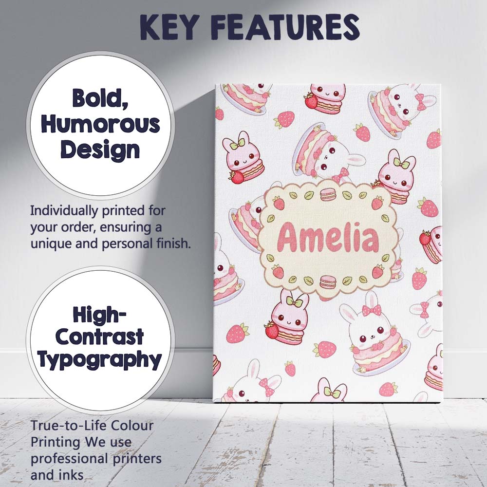 Personalised Name Cute Strawberry Bunny Custom  Modern Room Accent Elegant Feature Canvas Wall Art Print Decor Picture Ready to Hang