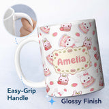 Personalized Custom Name Cute Strawberry Bunny Cake Dessert Grey Background Seamless Pattern 11oz Ceramic Coffee Tea Mug White Large Handle