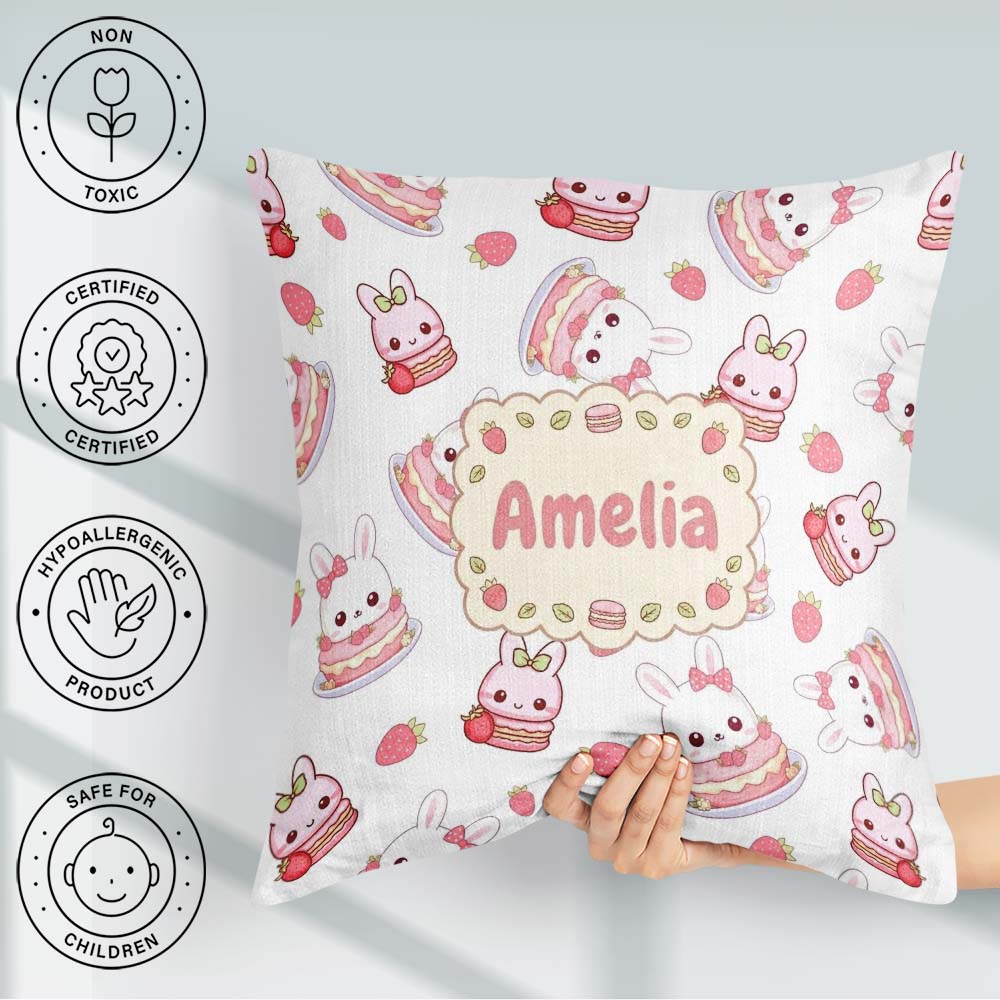 Custom Name Strawberry Bunny Cake Dessert Grey Seamless Pattern Square Filled Cushion Throw Pillow Sofa Bed Home Decor Zip Washable UK Made
