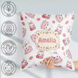 Custom Name Strawberry Bunny Cake Dessert Grey Seamless Pattern Square Filled Cushion Throw Pillow Sofa Bed Home Decor Zip Washable UK Made