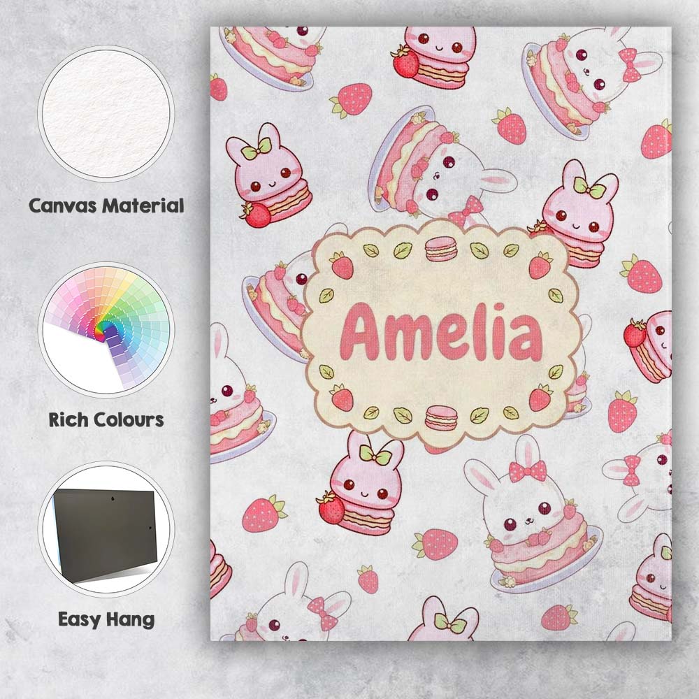 Personalised Name Cute Strawberry Bunny Custom  Modern Room Accent Elegant Feature Canvas Wall Art Print Decor Picture Ready to Hang