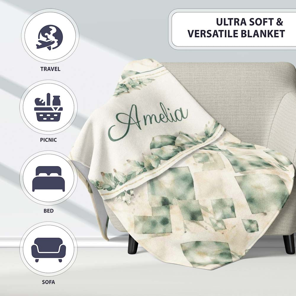 Watercolor Crystal Gemstone Soft Beige Background Mineral Lovely  Personalised Custom Name Super Soft Fleece Blanket Bed Sofa Throw