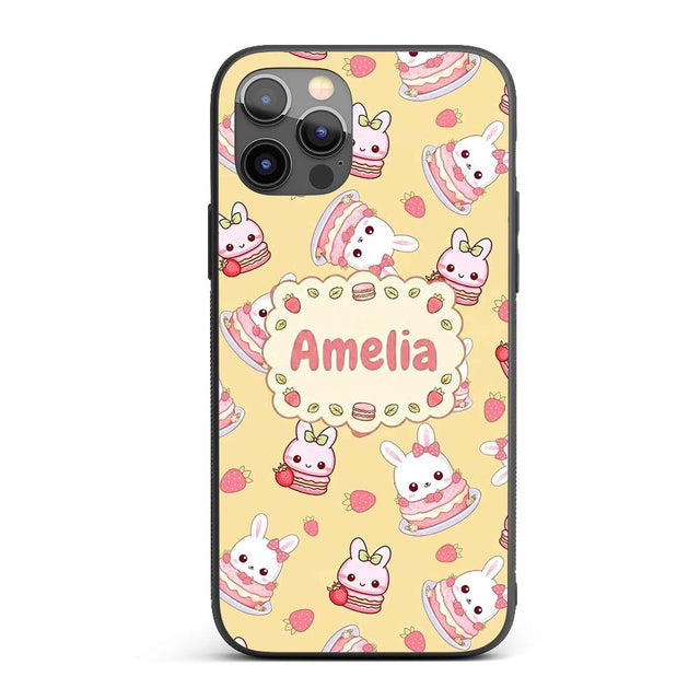 Cute Strawberry Bunny Cake Dessert Printed Design Custom Name Protective Phone Case Mobile Cover Durable Everyday Smartphone Shock Resistant