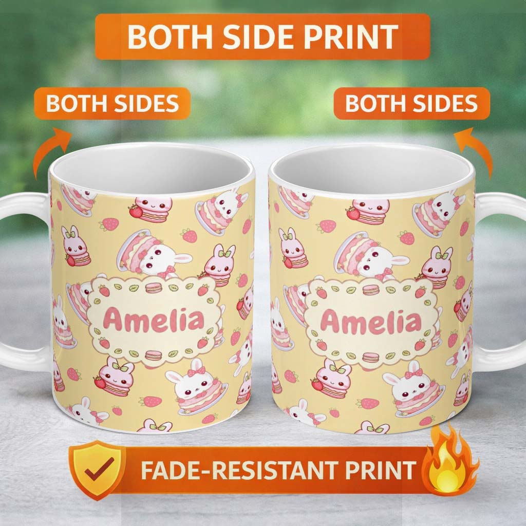 Personalized Custom Name Cute Strawberry Bunny Cake Dessert Yellow Background Seamless 11oz Ceramic Coffee Tea Mug White Large Handle