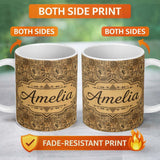 Personalized Custom Name Vintage Tribal Illustration Pattern with Hand Drawn Symbols in Sepia 11oz Ceramic Coffee Tea Mug White Large Handle