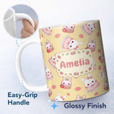 Personalized Custom Name Cute Strawberry Bunny Cake Dessert Yellow Background Seamless 11oz Ceramic Coffee Tea Mug White Large Handle