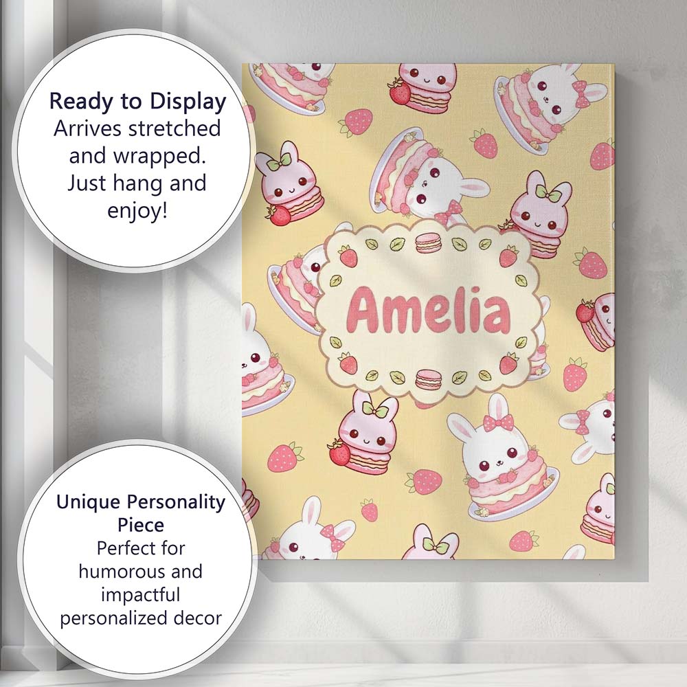 Personalised Name Cute Strawberry Bunny Custom  Modern Room Accent Elegant Feature Canvas Wall Art Print Decor Picture Ready to Hang