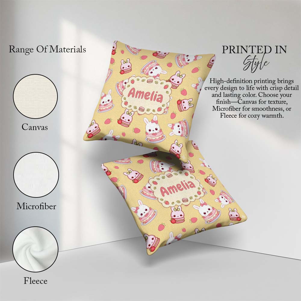 Custom Name Cute Strawberry Bunny Cake Dessert Yellow Background Square Filled Cushion Throw Pillow Sofa Bed Home Decor Zip Washable UK Made