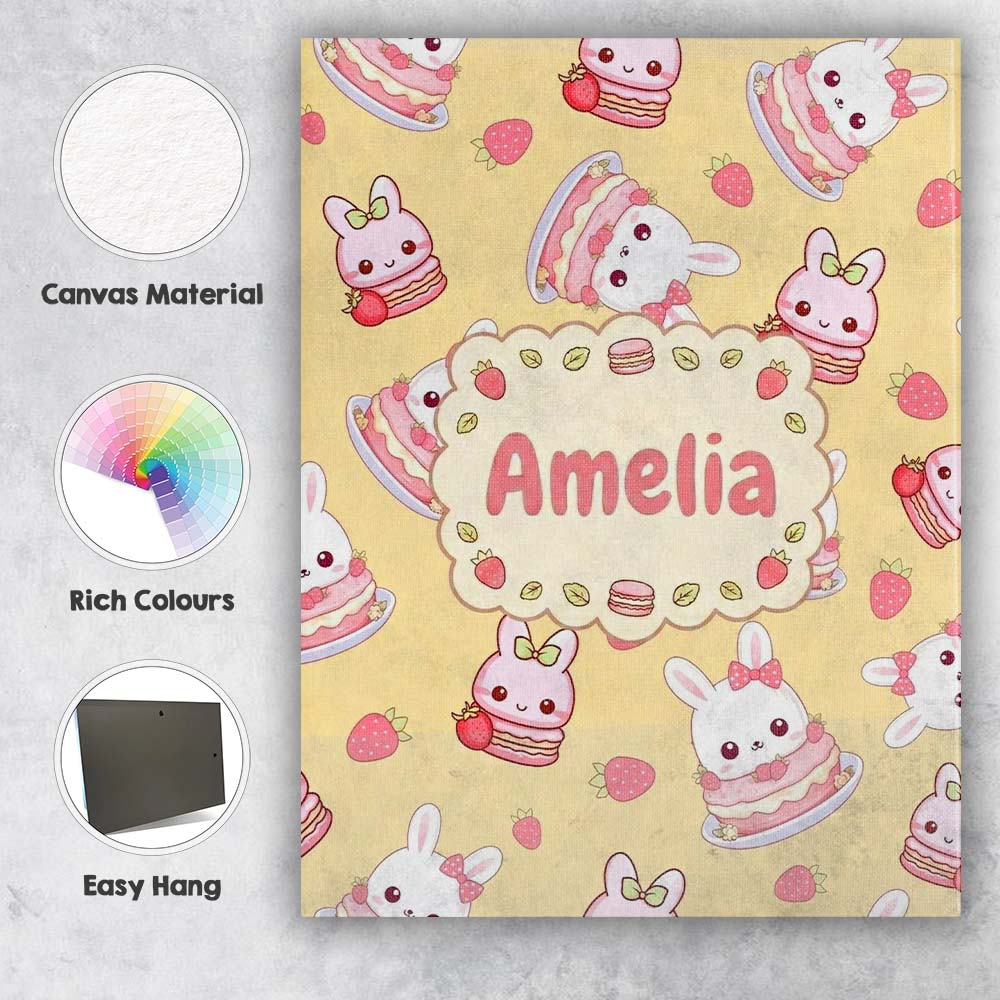 Personalised Name Cute Strawberry Bunny Custom  Modern Room Accent Elegant Feature Canvas Wall Art Print Decor Picture Ready to Hang