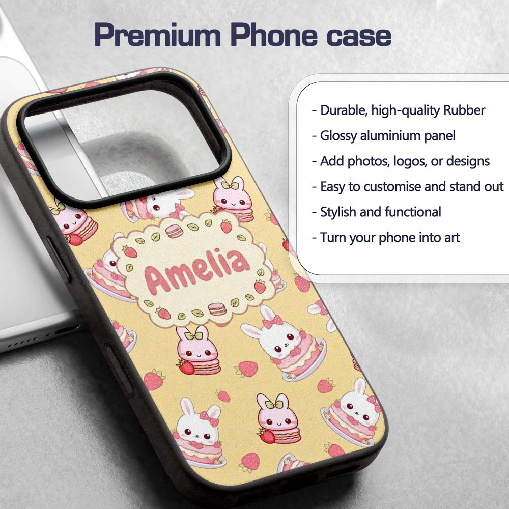 Cute Strawberry Bunny Cake Dessert Printed Design Custom Name Protective Phone Case Mobile Cover Durable Everyday Smartphone Shock Resistant