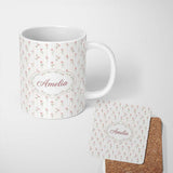 Personalized Custom Name Soft Pink Roses Vertical Stripe Vintage Floral Seamless Pattern 11oz Ceramic Coffee Tea Mug White Large Handle