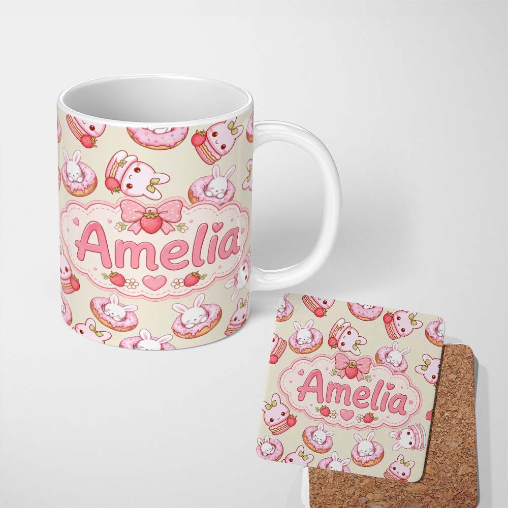 Personalized Custom Name Cute Bunny Donut Dessert Kawaii Cream Background Seamless Pattern 11oz Ceramic Coffee Tea Mug White Large Handle