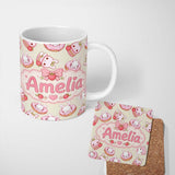 Personalized Custom Name Cute Bunny Donut Dessert Kawaii Cream Background Seamless Pattern 11oz Ceramic Coffee Tea Mug White Large Handle
