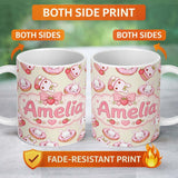 Personalized Custom Name Cute Bunny Donut Dessert Kawaii Cream Background Seamless Pattern 11oz Ceramic Coffee Tea Mug White Large Handle