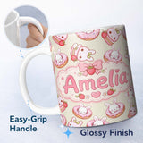 Personalized Custom Name Cute Bunny Donut Dessert Kawaii Cream Background Seamless Pattern 11oz Ceramic Coffee Tea Mug White Large Handle