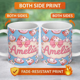 Personalized Custom Name Cute Bunny Donut Dessert Kawaii Blue Background Seamless Pattern 11oz Ceramic Coffee Tea Mug White Large Handle