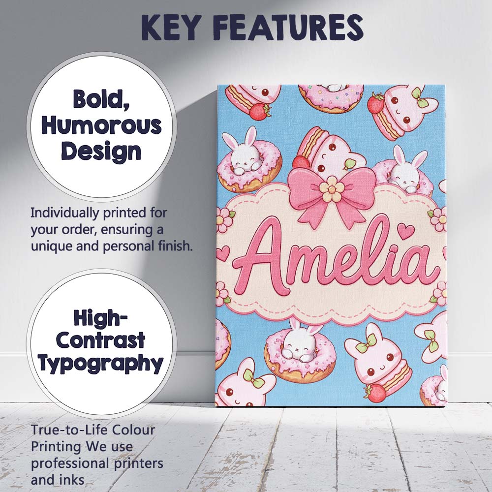 Personalised Name Cute Bunny Donut Dessert Custom  Unique Gift Idea Elegant Feature Canvas Wall Art Print Decor Picture Ready to Hang