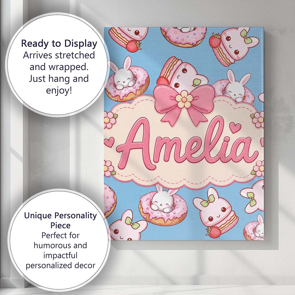 Personalised Name Cute Bunny Donut Dessert Custom  Unique Gift Idea Elegant Feature Canvas Wall Art Print Decor Picture Ready to Hang