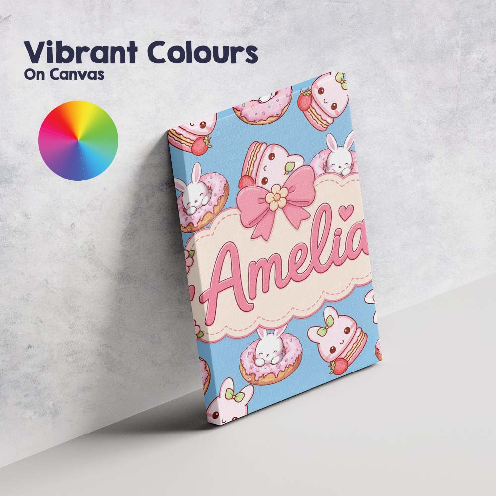 Personalised Name Cute Bunny Donut Dessert Custom  Unique Gift Idea Elegant Feature Canvas Wall Art Print Decor Picture Ready to Hang
