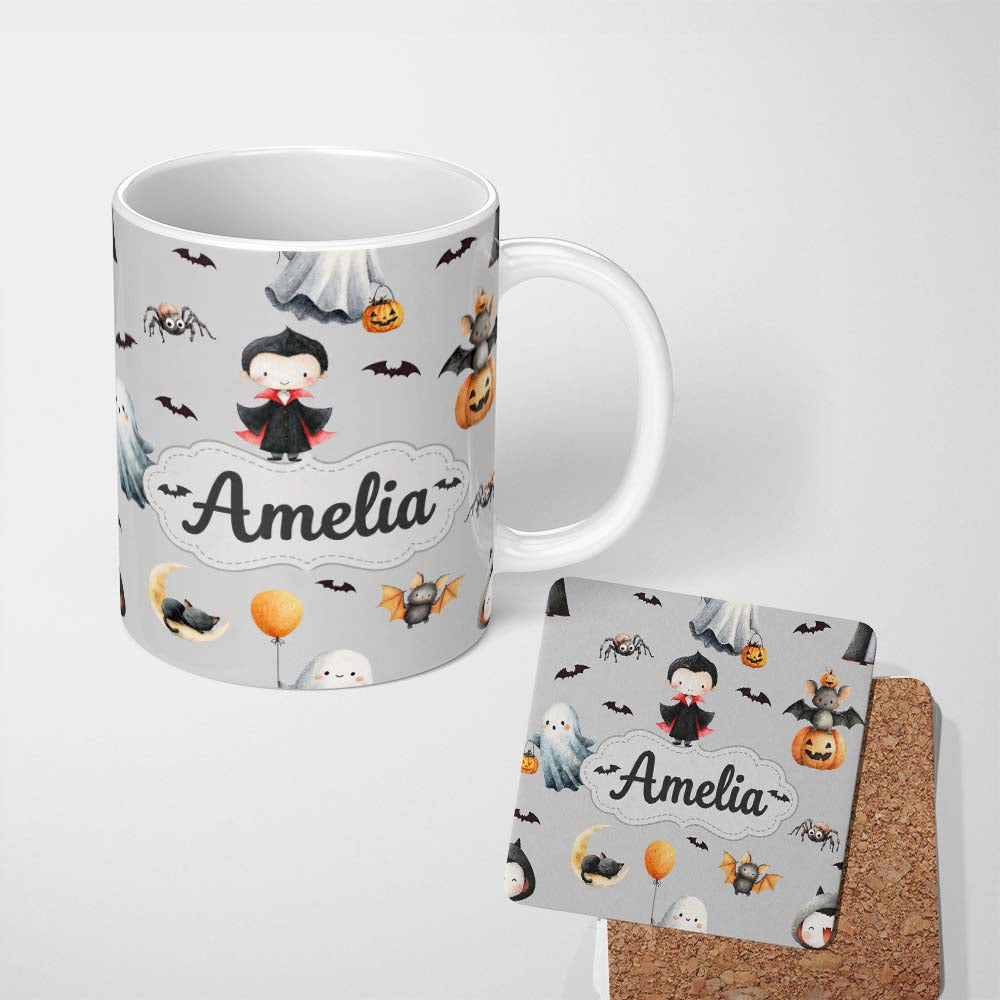 Personalized Custom Name Cute Halloween Dracula Ghost Bats on Grey Background Seamless Lovely 11oz Ceramic Coffee Tea Mug White Large Handle