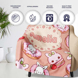 Cute Bunny Donut Dessert Kawaii Peach Background Seamless Pattern  Personalised Custom Name Super Soft Fleece Blanket Bed Sofa Throw