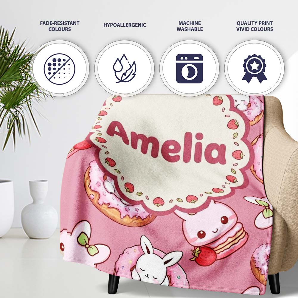 Cute Bunny Donut Dessert Kawaii Pink Background Seamless Pattern  Personalised Custom Name Super Soft Fleece Blanket Bed Sofa Throw