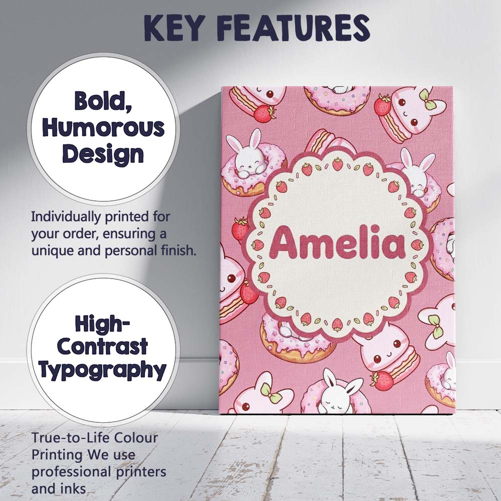Personalised Name Cute Bunny Donut Dessert Custom  Unique Gift Idea Elegant Feature Canvas Wall Art Print Decor Picture Ready to Hang