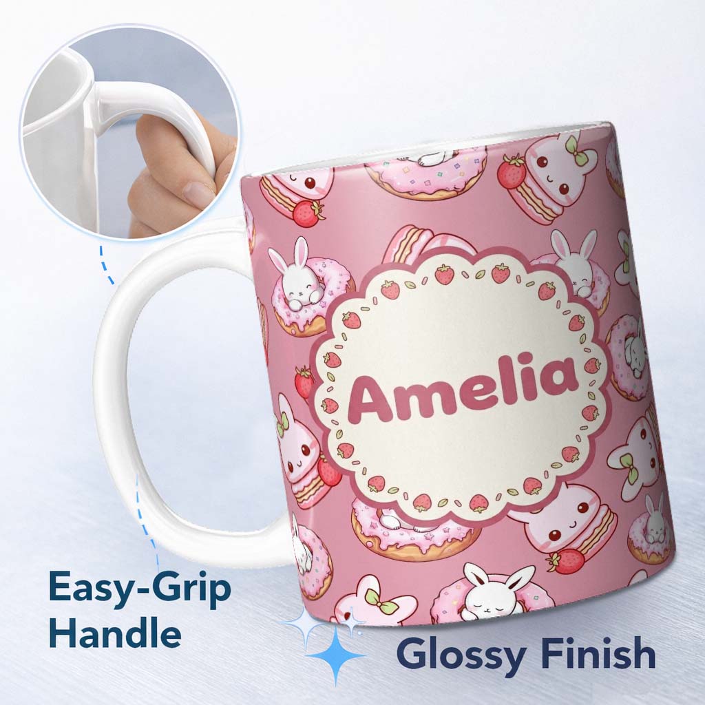 Personalized Custom Name Cute Bunny Donut Dessert Kawaii Pink Background Seamless Pattern 11oz Ceramic Coffee Tea Mug White Large Handle