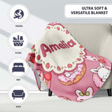 Cute Bunny Donut Dessert Kawaii Pink Background Seamless Pattern  Personalised Custom Name Super Soft Fleece Blanket Bed Sofa Throw