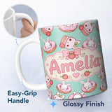 Personalized Custom Name Cute Bunny Donut Dessert Kawaii Mint Background Seamless Pattern 11oz Ceramic Coffee Tea Mug White Large Handle