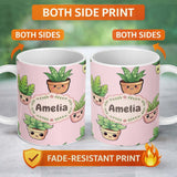 Personalized Custom Name Cute Kawaii Smiling Plant Pots Leaves Seamless Pattern Blush Lovely 11oz Ceramic Coffee Tea Mug White Large Handle