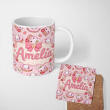 Personalized Custom Name Cute Bunny Donut Dessert Kawaii Blush Background Seamless Pattern 11oz Ceramic Coffee Tea Mug White Large Handle