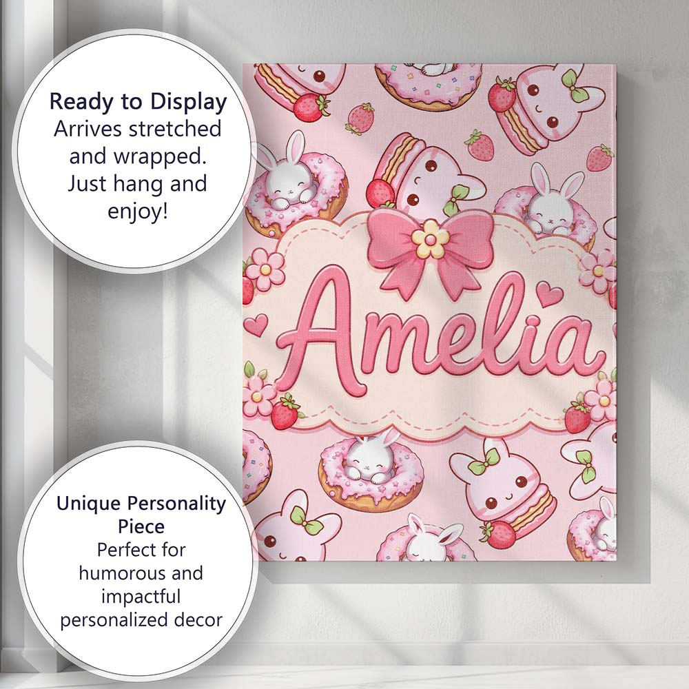 Personalised Name Cute Bunny Donut Dessert Custom  Unique Gift Idea Elegant Feature Canvas Wall Art Print Decor Picture Ready to Hang