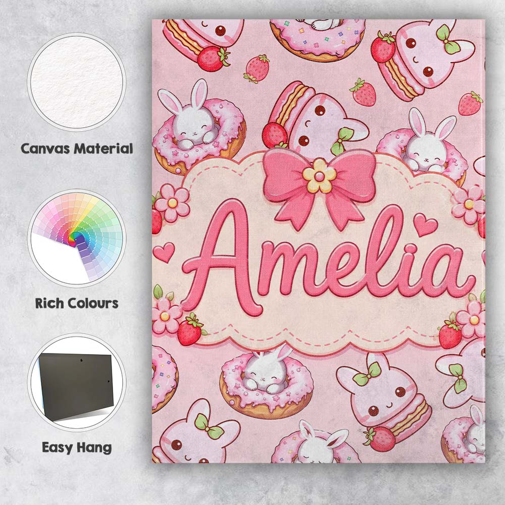 Personalised Name Cute Bunny Donut Dessert Custom  Unique Gift Idea Elegant Feature Canvas Wall Art Print Decor Picture Ready to Hang