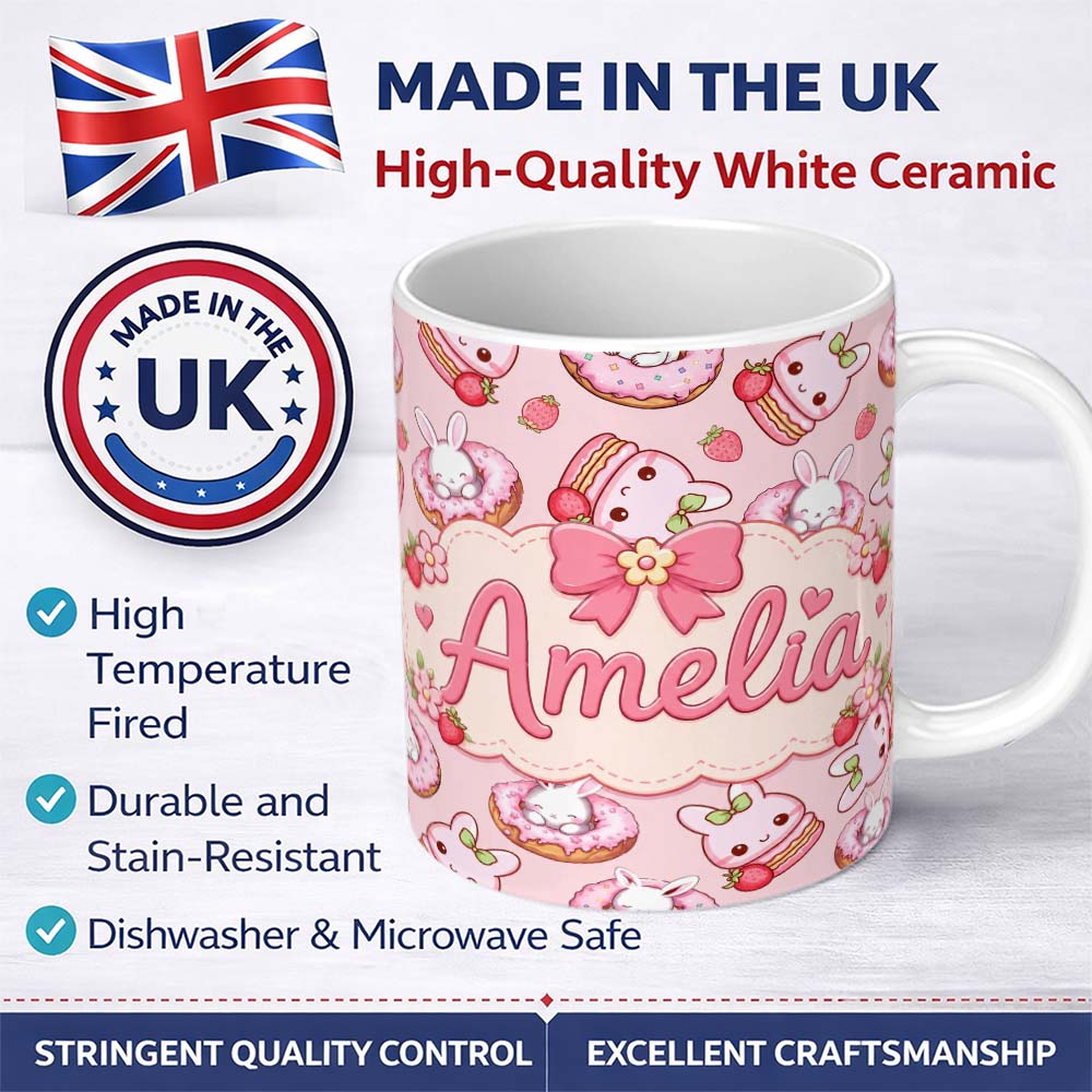 Personalized Custom Name Cute Bunny Donut Dessert Kawaii Blush Background Seamless Pattern 11oz Ceramic Coffee Tea Mug White Large Handle