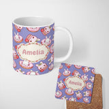 Personalized Custom Name Cute Bunny Donut Dessert Kawaii Purple Background Seamless Pattern 11oz Ceramic Coffee Tea Mug White Large Handle
