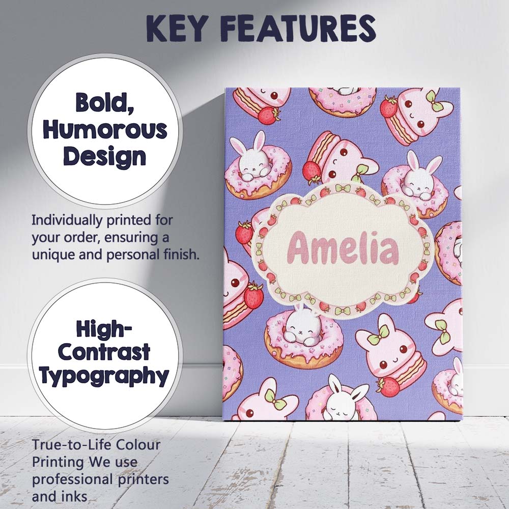 Personalised Name Cute Bunny Donut Dessert Custom  Unique Gift Idea Elegant Feature Canvas Wall Art Print Decor Picture Ready to Hang