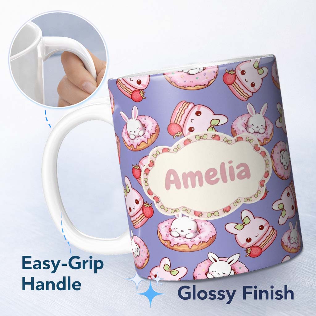 Personalized Custom Name Cute Bunny Donut Dessert Kawaii Purple Background Seamless Pattern 11oz Ceramic Coffee Tea Mug White Large Handle