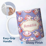 Personalized Custom Name Cute Bunny Donut Dessert Kawaii Purple Background Seamless Pattern 11oz Ceramic Coffee Tea Mug White Large Handle