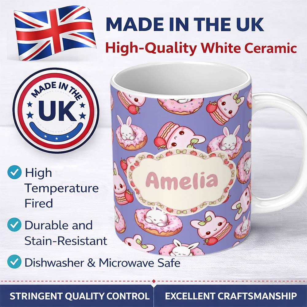 Personalized Custom Name Cute Bunny Donut Dessert Kawaii Purple Background Seamless Pattern 11oz Ceramic Coffee Tea Mug White Large Handle
