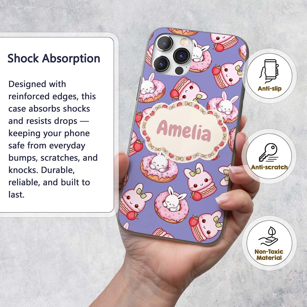 Cute Bunny Donut Dessert Kawaii Purple Background Custom Name Protective Phone Case Mobile Cover Durable Everyday Smartphone Shock Resistant