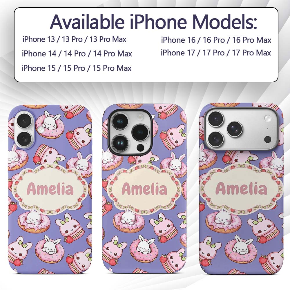 Cute Bunny Donut Dessert Kawaii Purple Background Custom Name Protective Phone Case Mobile Cover Durable Everyday Smartphone Shock Resistant
