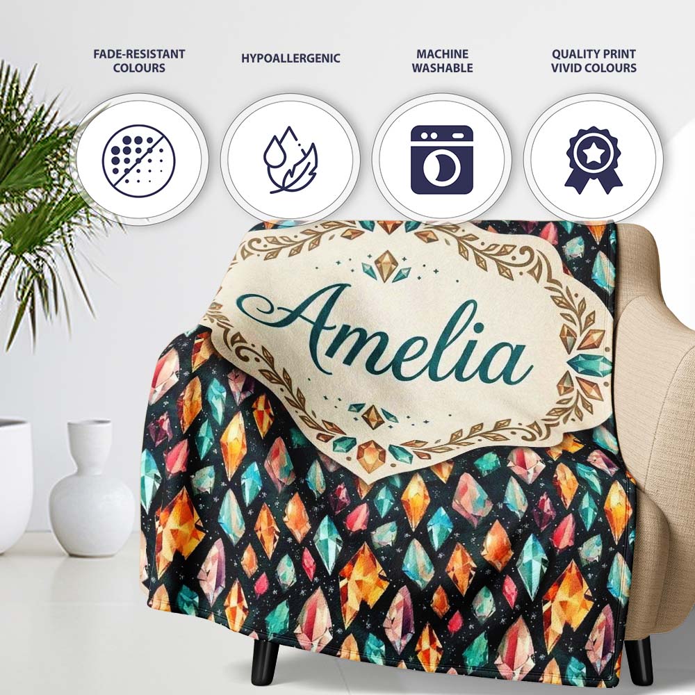 Colorful Crystal Gemstone Dark Galaxy Background Fantasy Lovely  Personalised Custom Name Super Soft Fleece Blanket Bed Sofa Throw