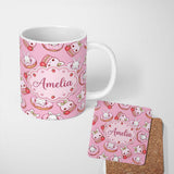 Personalized Custom Name Cute Bunny Donut Dessert Kawaii Pinky Background Seamless Pattern 11oz Ceramic Coffee Tea Mug White Large Handle