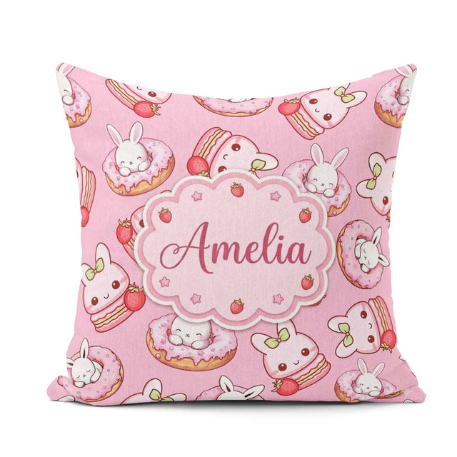 Custom Name Bunny Donut Dessert Kawaii Pinky Background Seamless Square Filled Cushion Throw Pillow Sofa Bed Home Decor Zip Washable UK Made