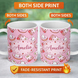 Personalized Custom Name Cute Bunny Donut Dessert Kawaii Pinky Background Seamless Pattern 11oz Ceramic Coffee Tea Mug White Large Handle
