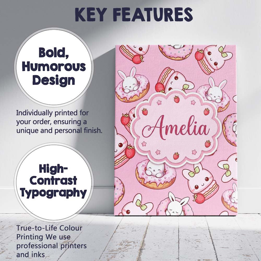 Personalised Name Cute Bunny Donut Dessert Custom  Unique Gift Idea Elegant Feature Canvas Wall Art Print Decor Picture Ready to Hang