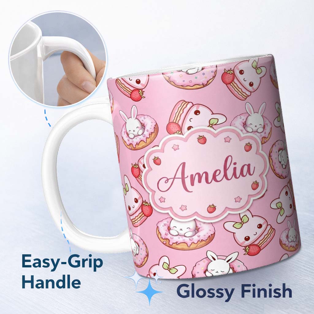 Personalized Custom Name Cute Bunny Donut Dessert Kawaii Pinky Background Seamless Pattern 11oz Ceramic Coffee Tea Mug White Large Handle