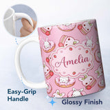 Personalized Custom Name Cute Bunny Donut Dessert Kawaii Pinky Background Seamless Pattern 11oz Ceramic Coffee Tea Mug White Large Handle